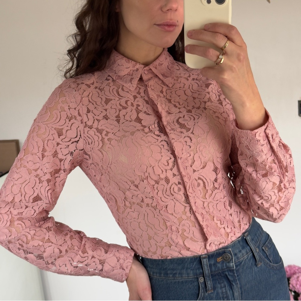 ZARA / Small/ NWT /  Pink Lace Women's Top Button Down Retro Shirt
